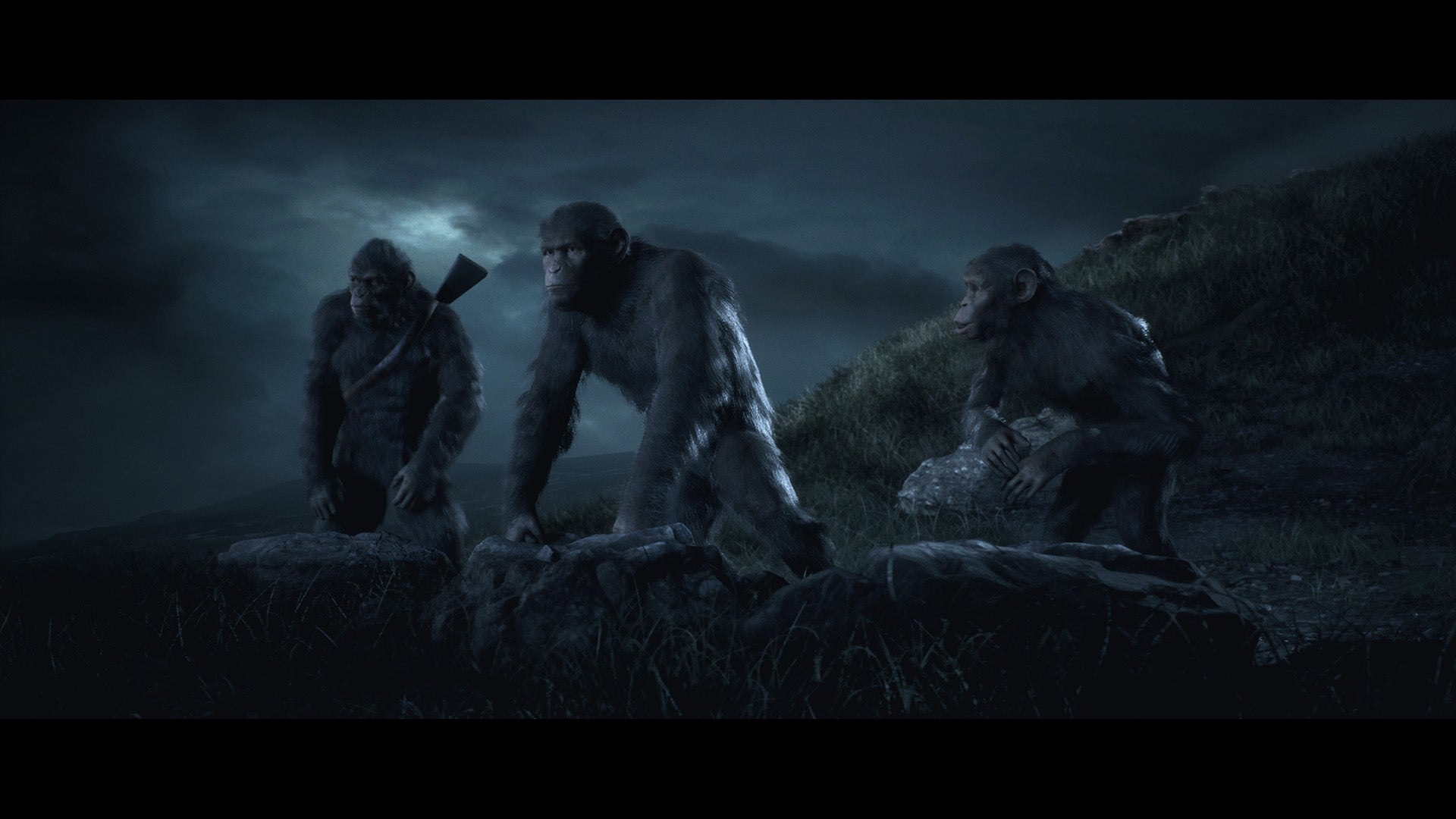Three apes from a scene in Planet of the Apes game.