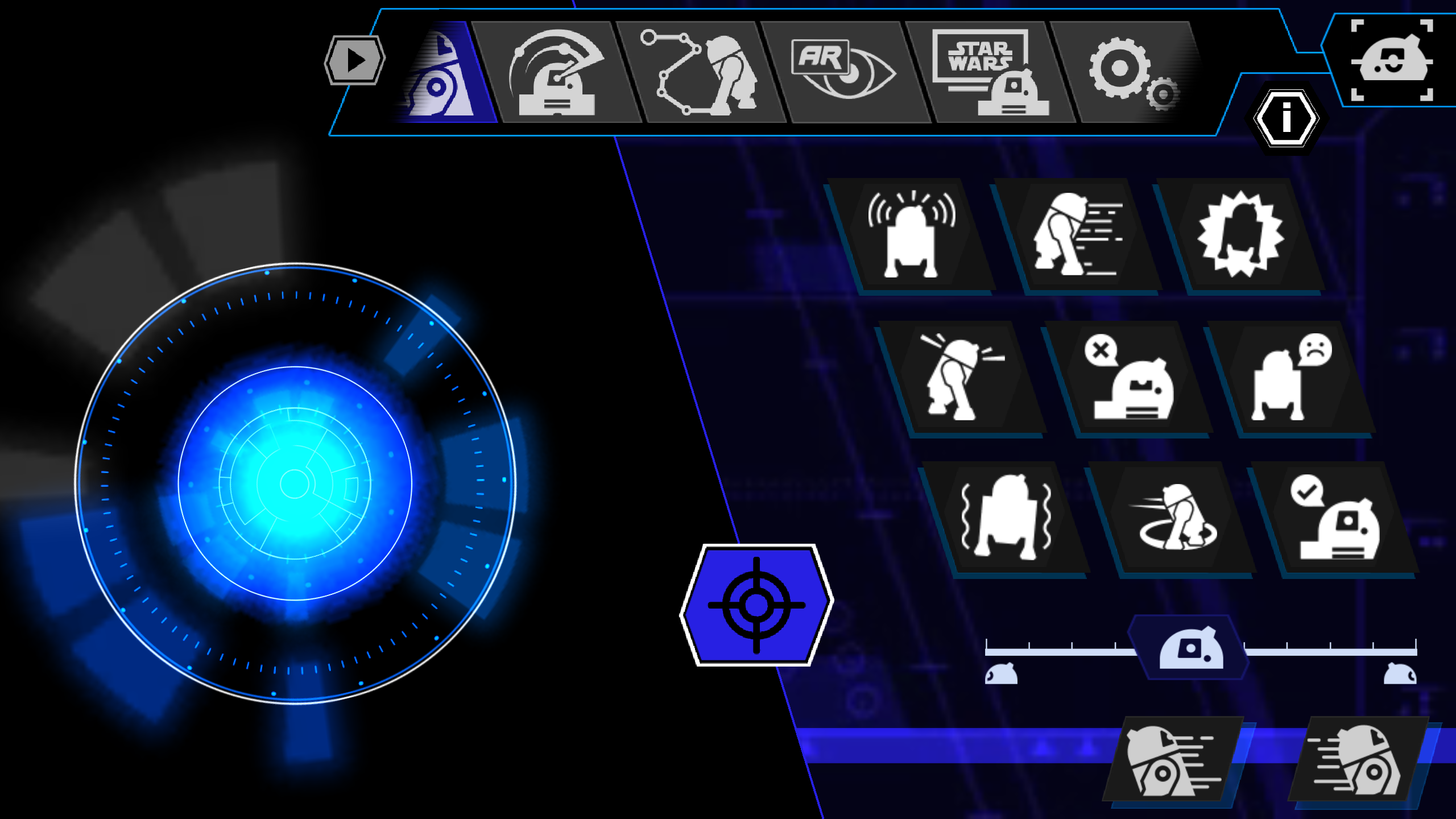 Sphero R2-D2 app interface with control options.