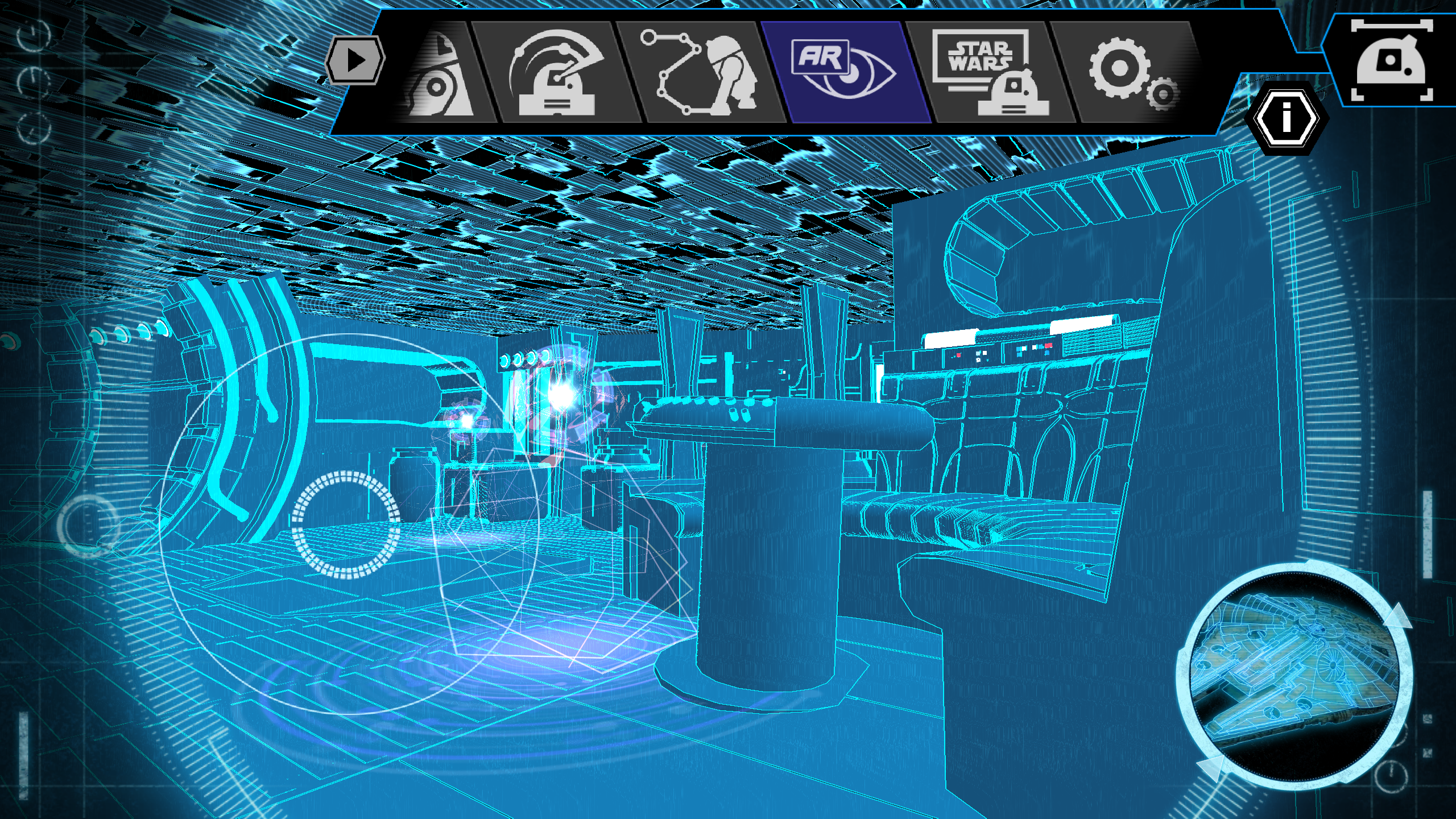 Sphero R2-D2 app interface with augmented reality view.
