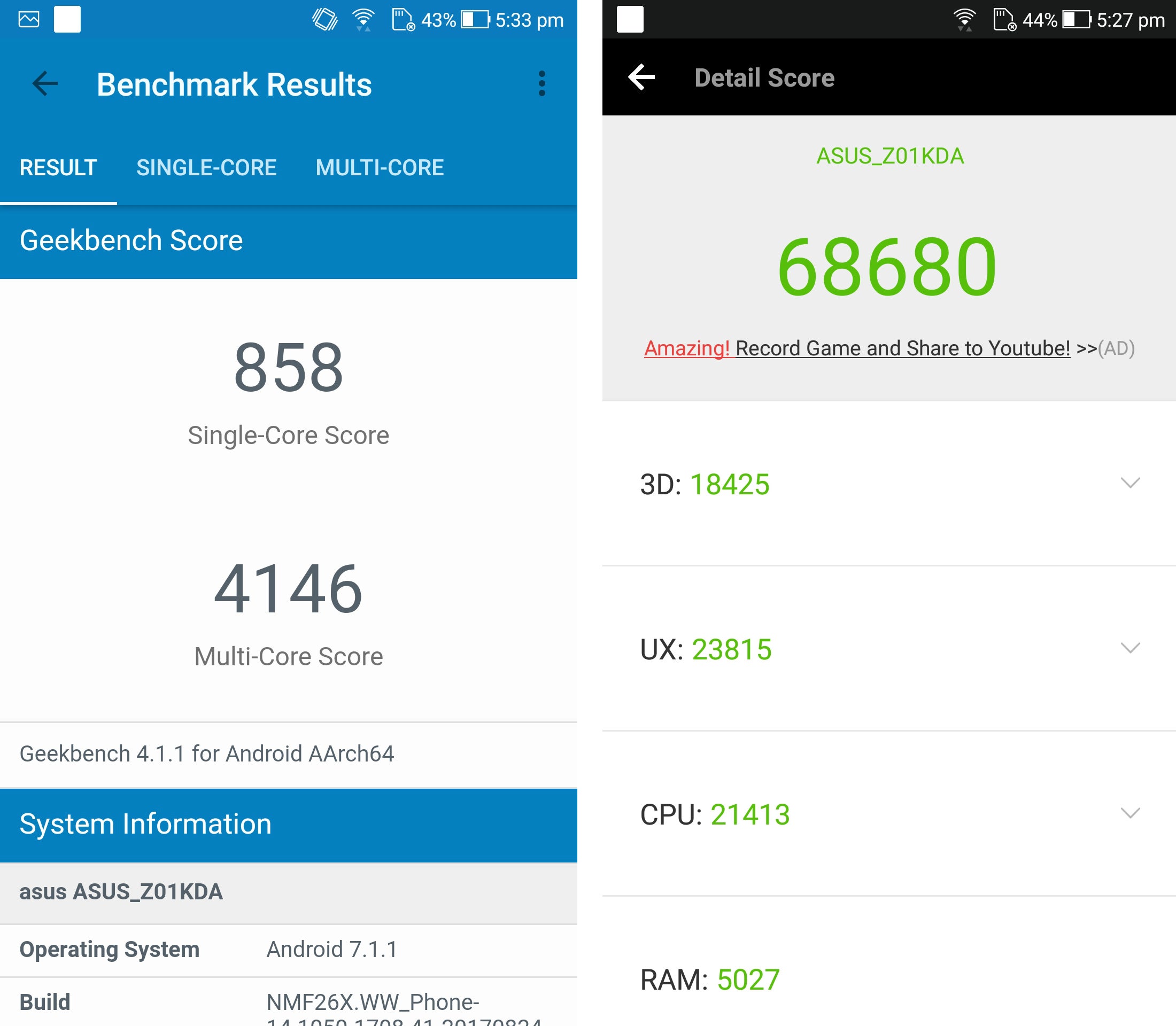 Asus Zenfone 4 performance benchmark scores displayed on screen.