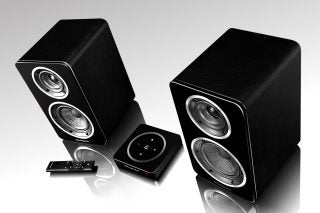 Wharfedale Diamond A1 speakers with wireless control hub and remote.