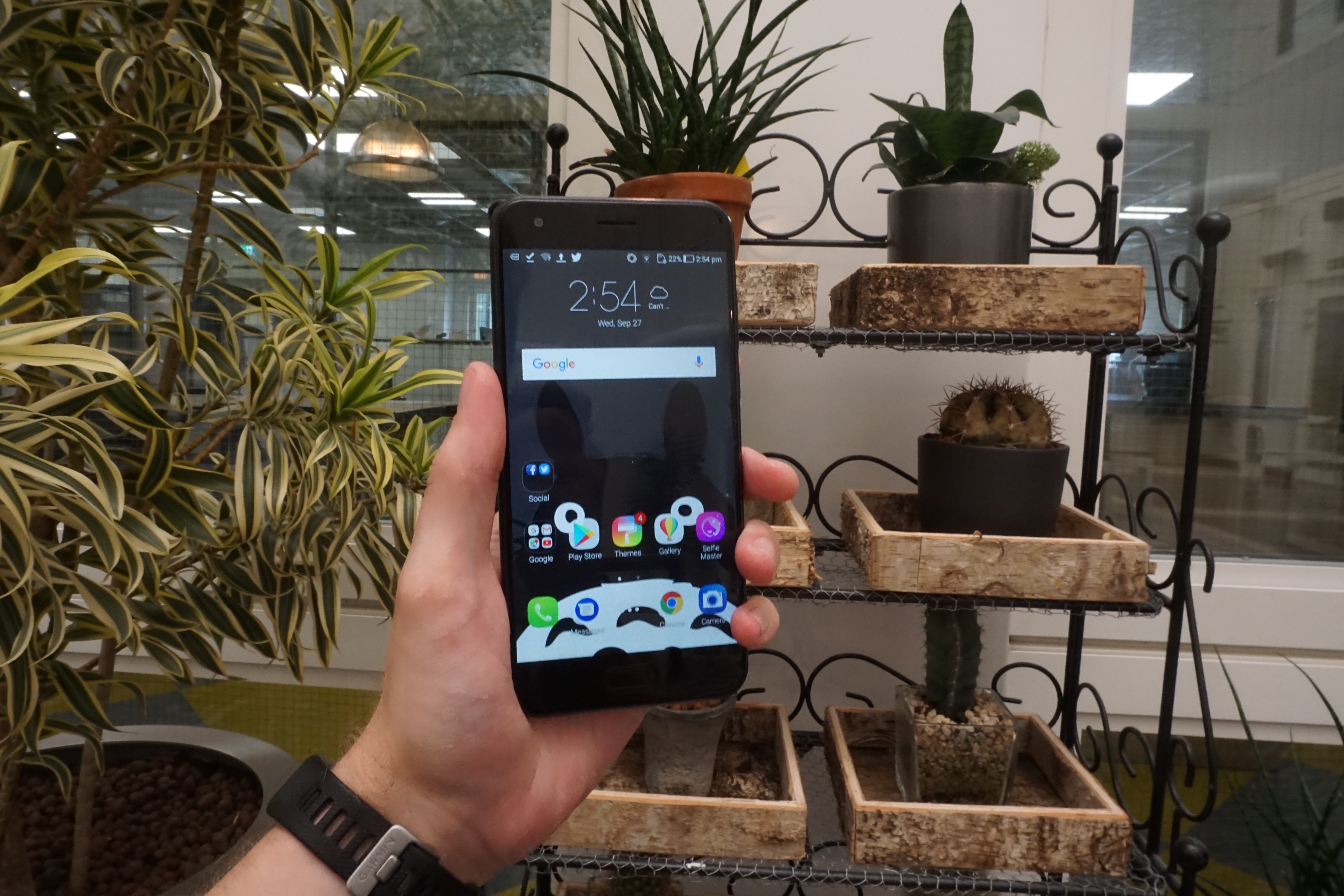 Hand holding an Asus Zenfone 4 in an office with plants