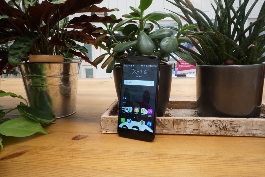 Asus Zenfone 4 displayed between potted plants on a wooden table.