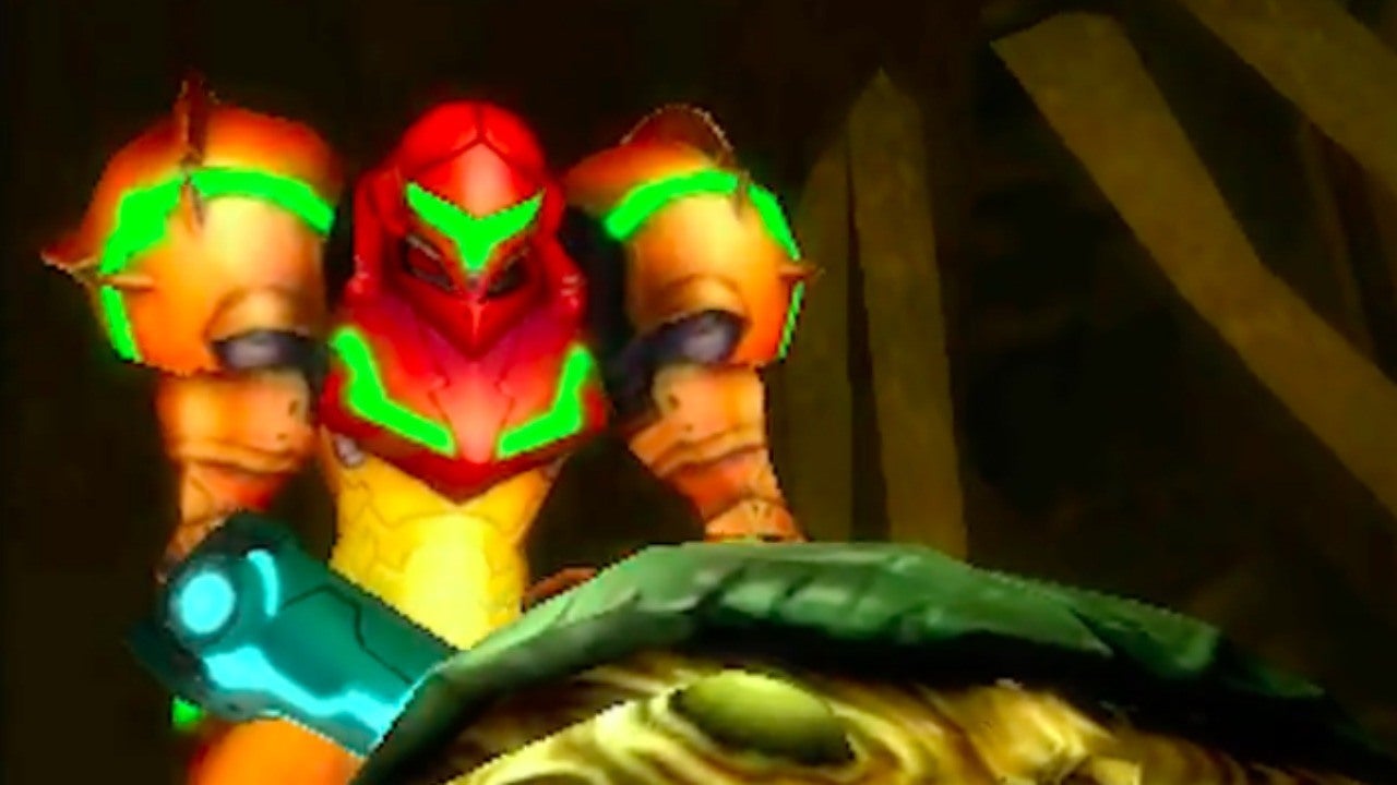 Samus Aran in armor from Metroid: Samus Returns game.