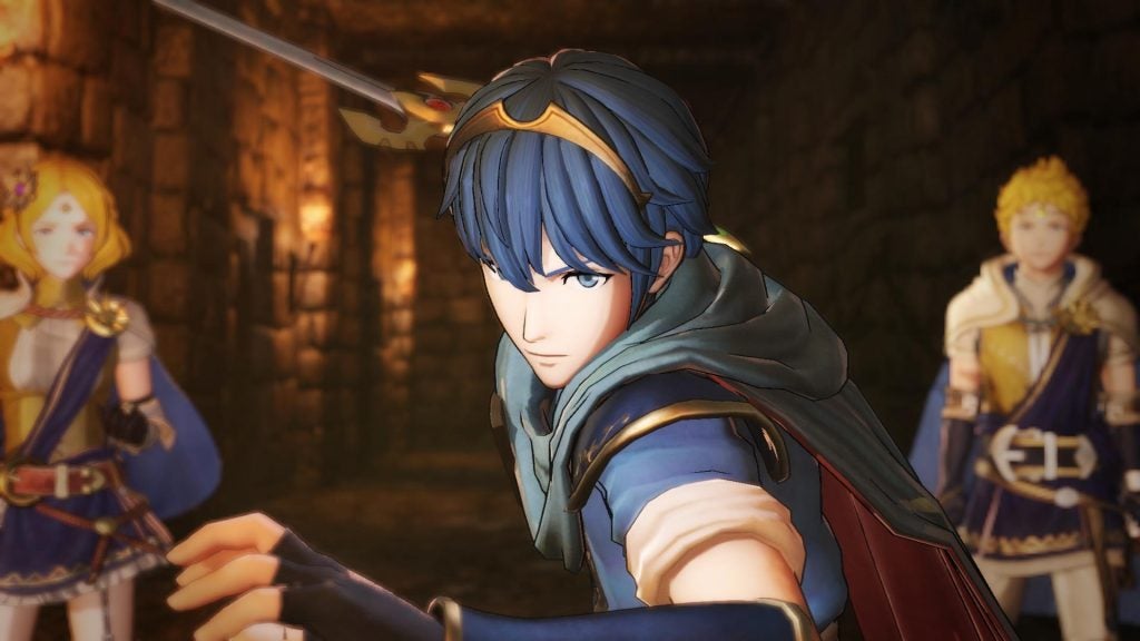 Fire Emblem Warriors screenshot with three game characters.Fire Emblem Warriors character ready for battle in a dungeon.