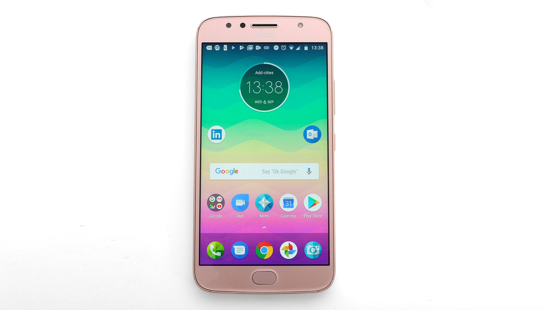 Moto G5S Plus smartphone on white backgroundClose-up of Moto G5S Plus smartphone showing home button.