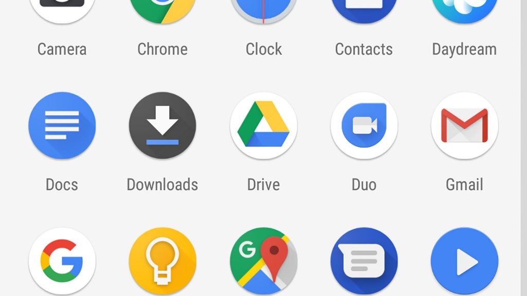 Android 8.0 Oreo interface showing app icons and labels.