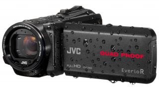 JVC Everio GZ-RX645BE camcorder with water droplets on it.