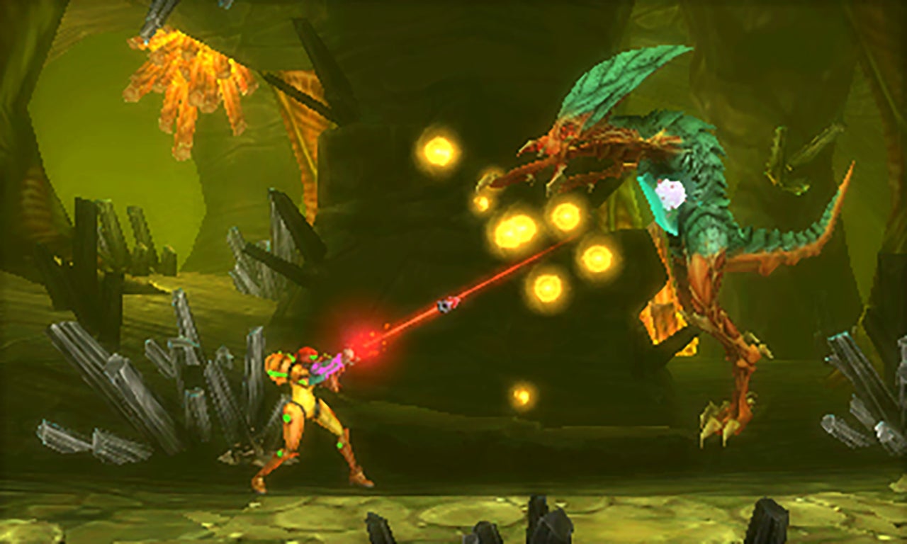 Samus firing at a flying creature in Metroid: Samus Returns.