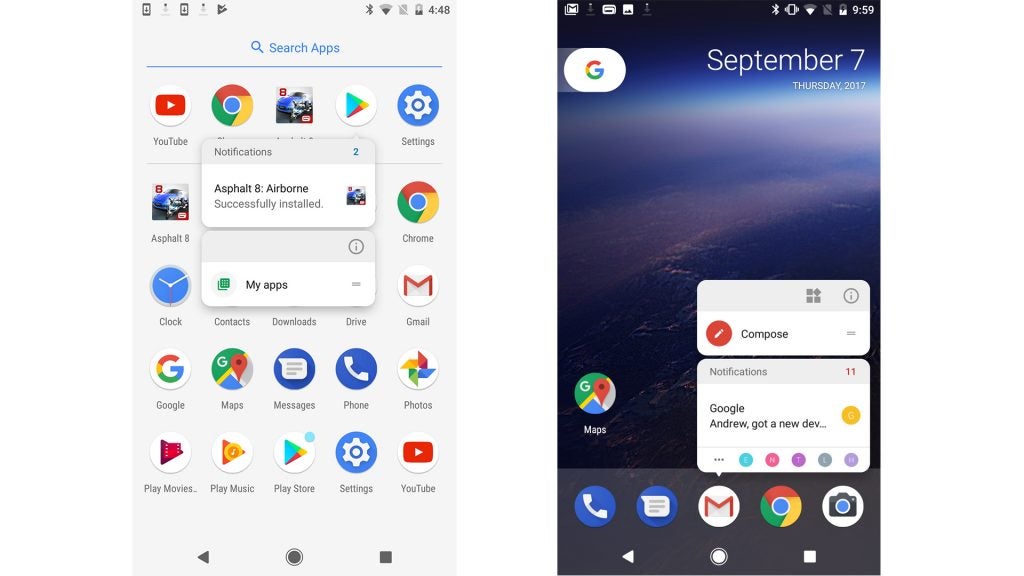 Screenshots of Android 8.0 Oreo interface and features.