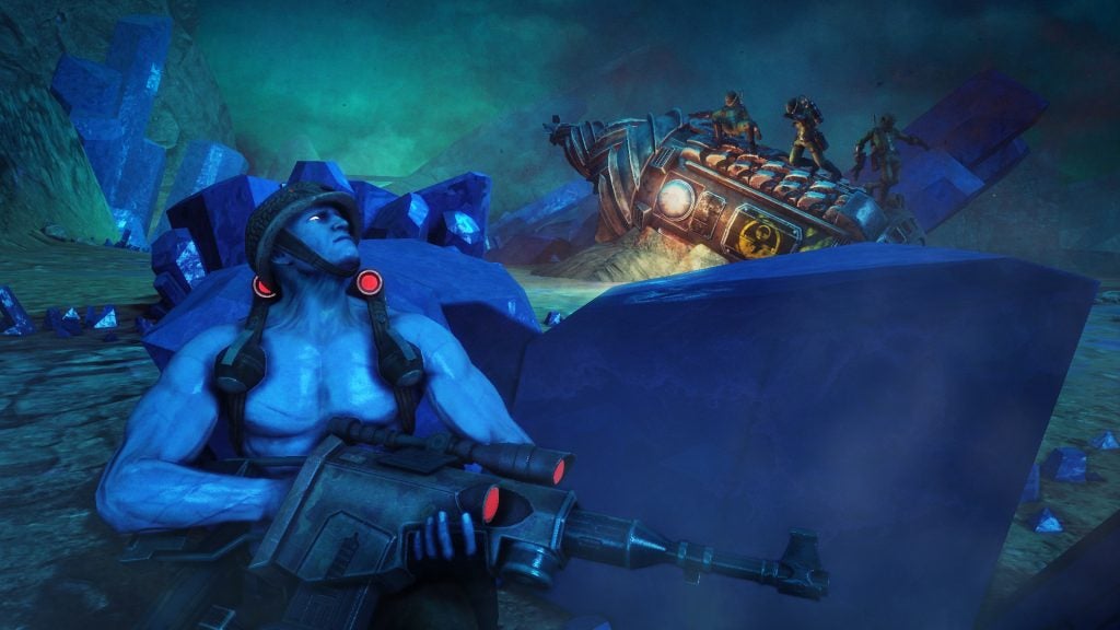 Screenshot of Rogue Trooper Redux gameplay scene.Rogue Trooper character aiming in a sci-fi environment.
