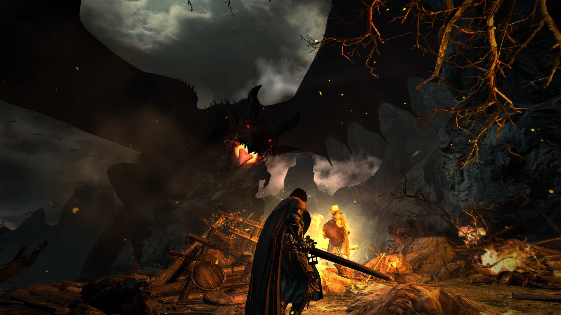 Dragon's Dogma gameplay showing a dragon and two characters.