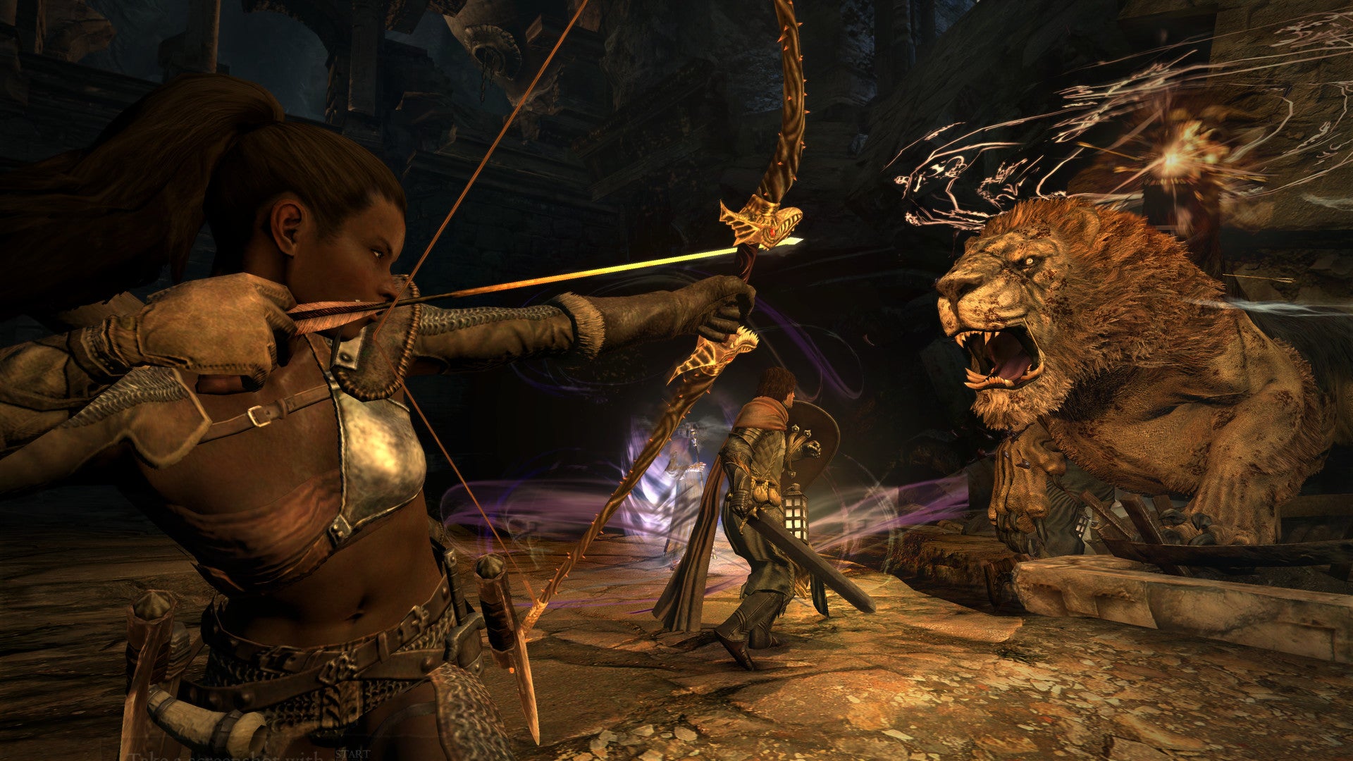 Screenshot of Dragon's Dogma: Dark Arisen gameplay with combat scene.