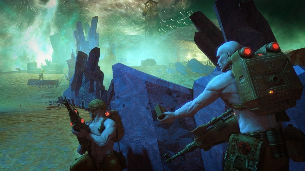 Screenshot from Rogue Trooper Redux gameplay showing action scene.