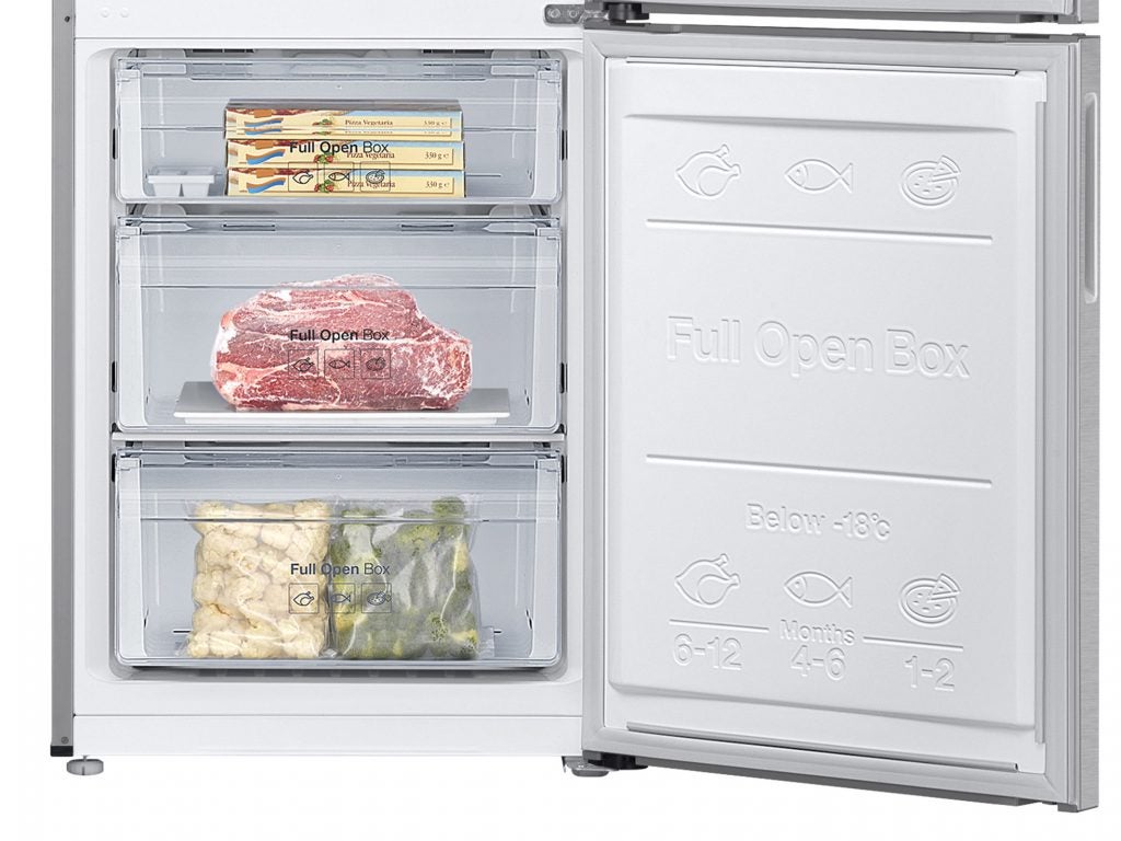 Samsung fridge freezer interior with labeled compartments and food items.