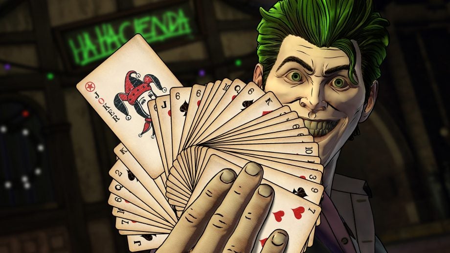 Joker holding cards in Batman Enemy Within game