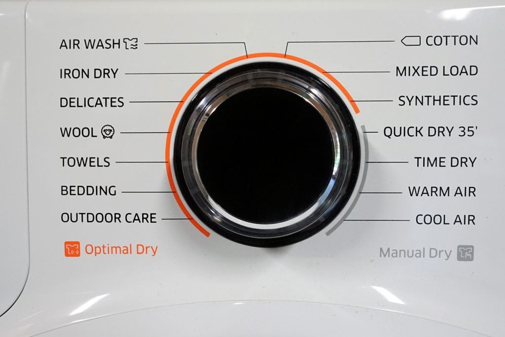 Samsung DV90M8204AW dryer control panel and dial.