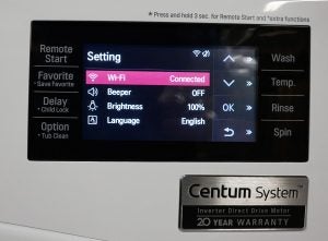 LG Centum washing machine control panel with Wi-Fi connected status.