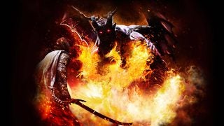 Knight facing a fiery dragon in Dragon's Dogma artwork.