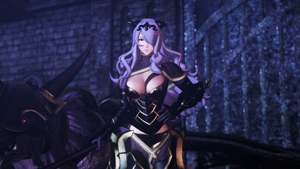 Fire Emblem Warriors character in battle armor with purple hair.