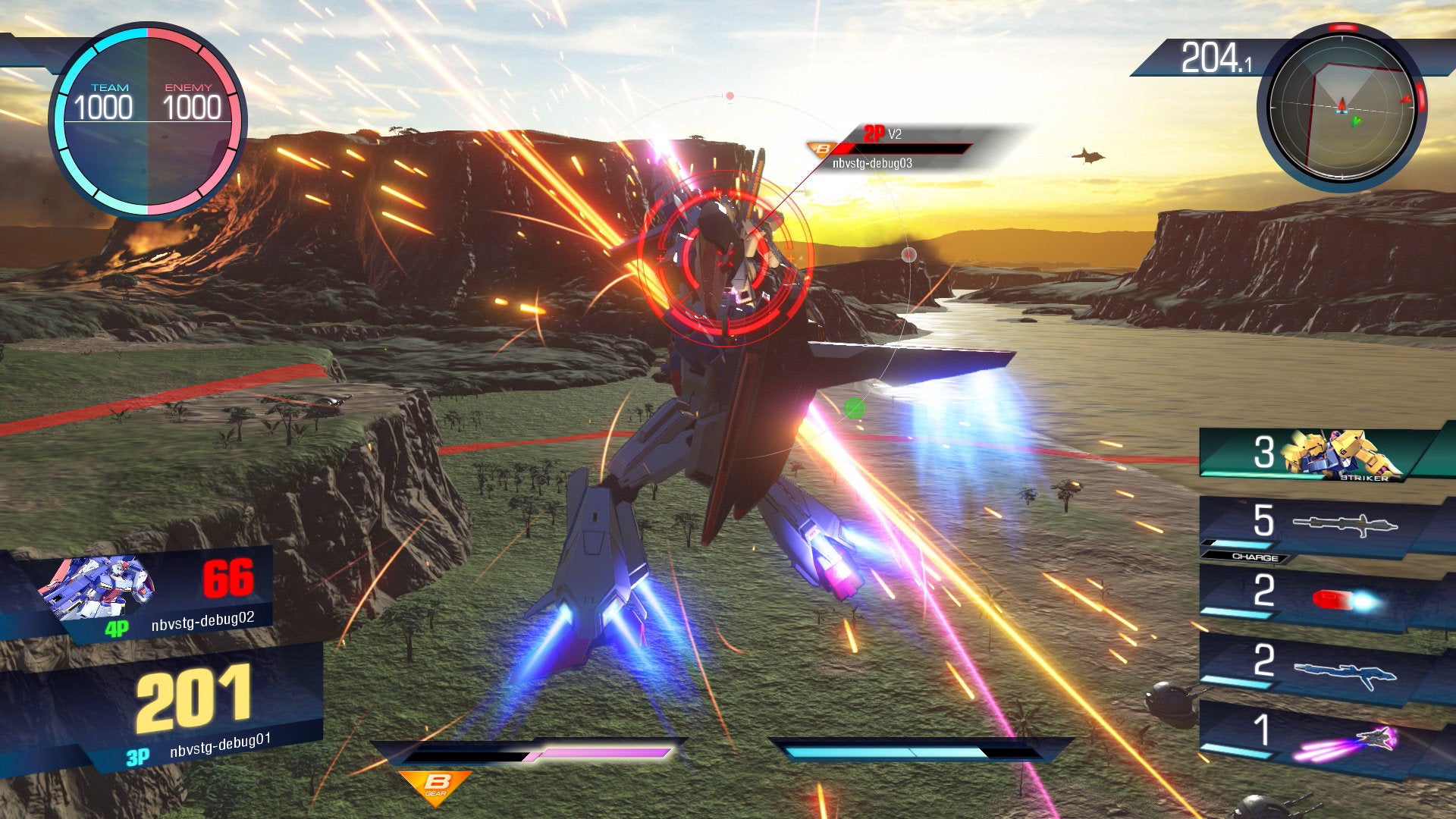 Screenshot from Gundam Versus video game battle scene.