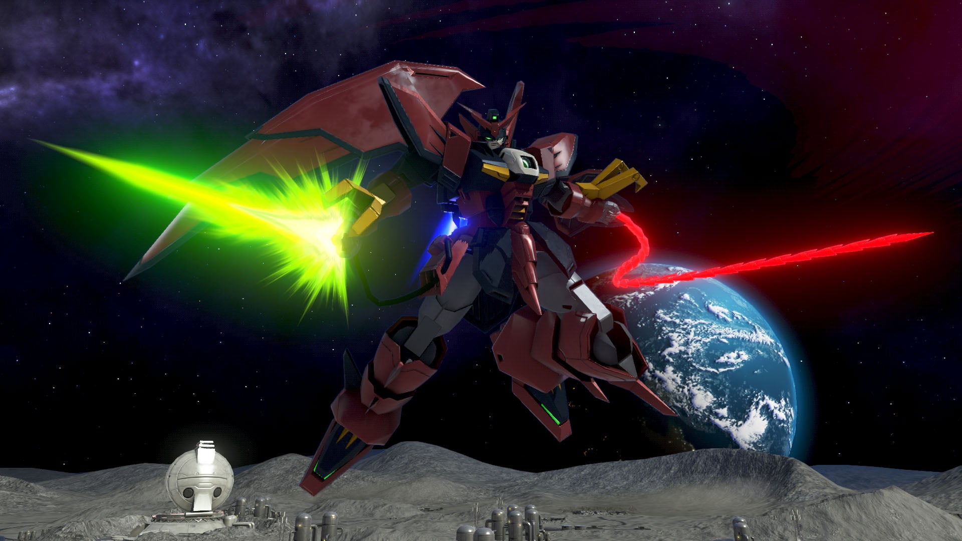 Gundam mecha firing weapons in space battle simulation.