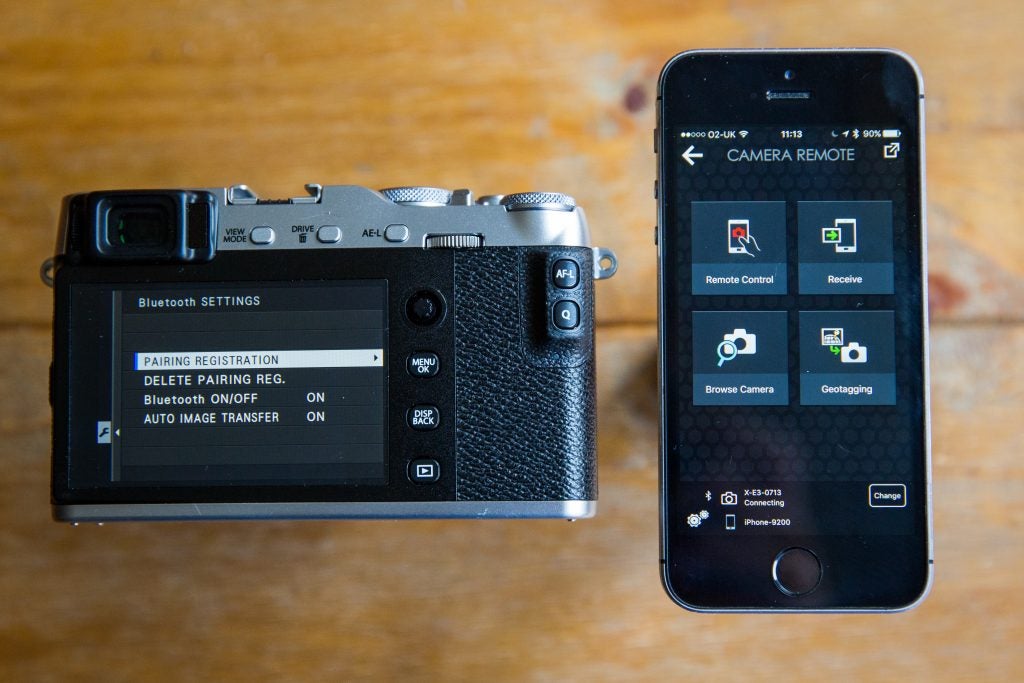 Fujifilm X-E3 camera paired with smartphone app.