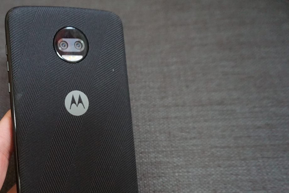 Moto Z2 Force smartphone back view with camera and logo.