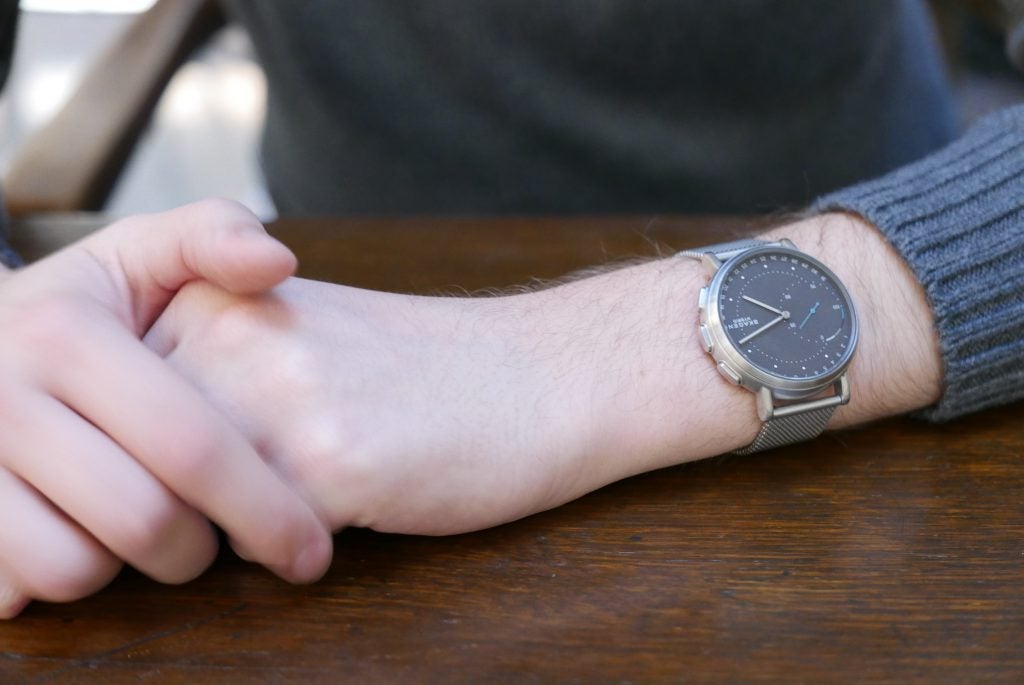 Person wearing a Skagen Connected smartwatch on wrist.