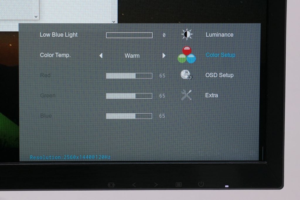 AOC monitor displaying on-screen settings menu with resolution details.AOC AGON monitor displaying on-screen settings menu.AOC AGON monitor displaying on-screen color calibration settings.