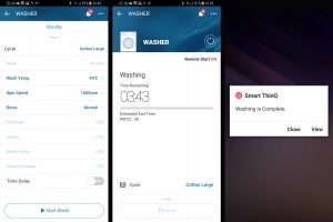 Smartphone screens displaying LG washing machine app controls and notifications.