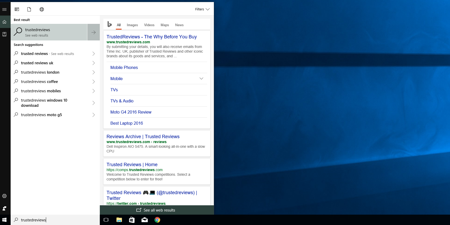 Screenshot of Windows 10 search results for Trusted Reviews.