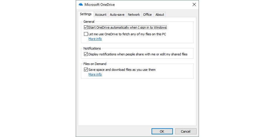 Screenshot of Microsoft OneDrive settings window on Windows 10.