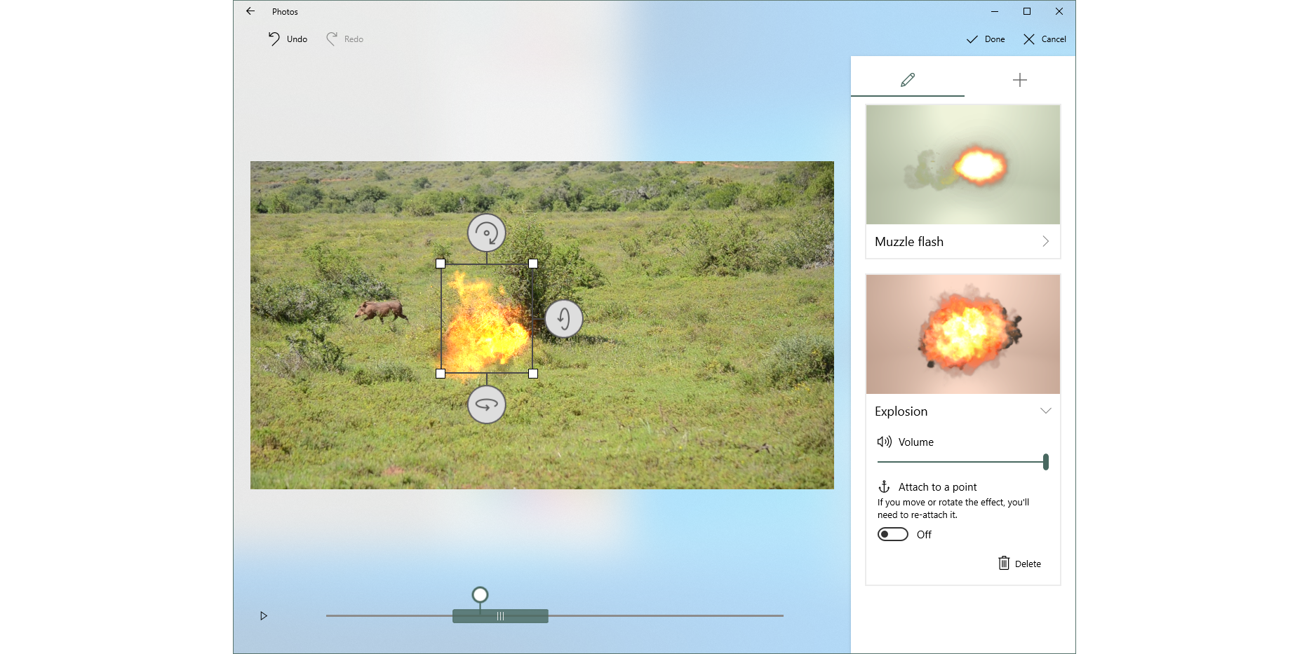 Windows 10 photo editing feature with explosion effect options.