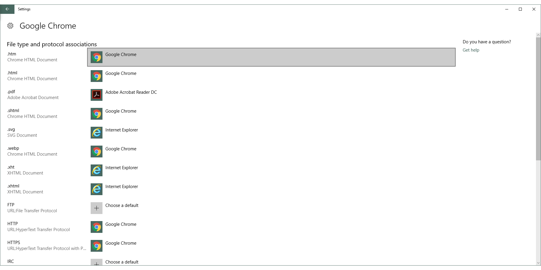 Screenshot of default file type associations in Windows Settings.