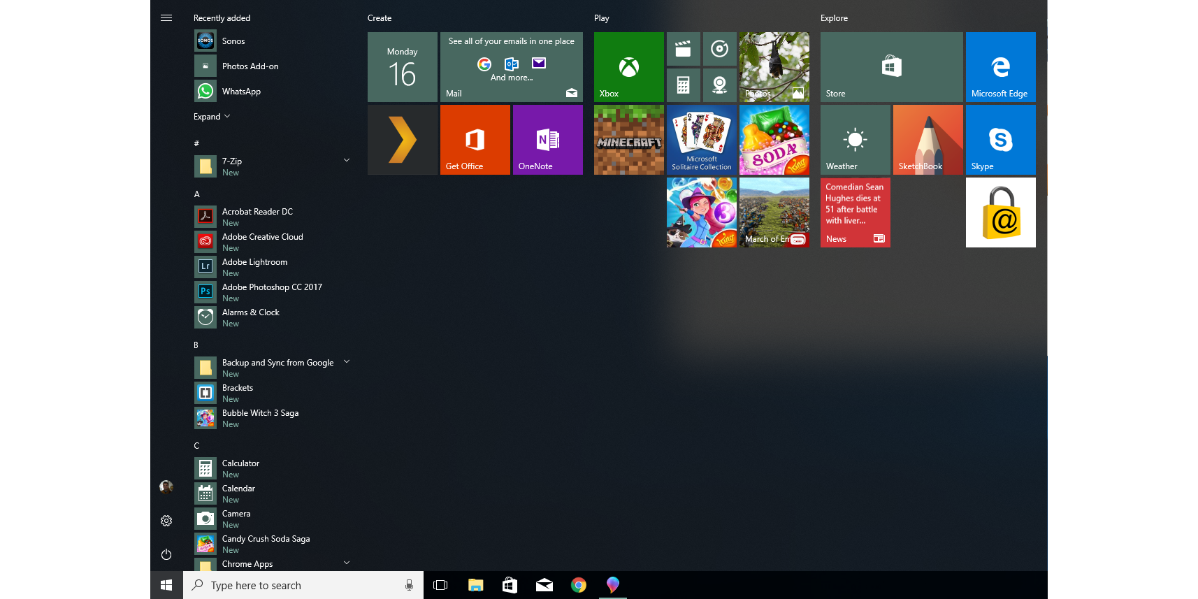 Windows 10 Fall Creators Update Start menu screenshot.