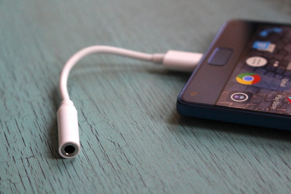 Elephone S8 smartphone with USB-C to headphone jack adapter