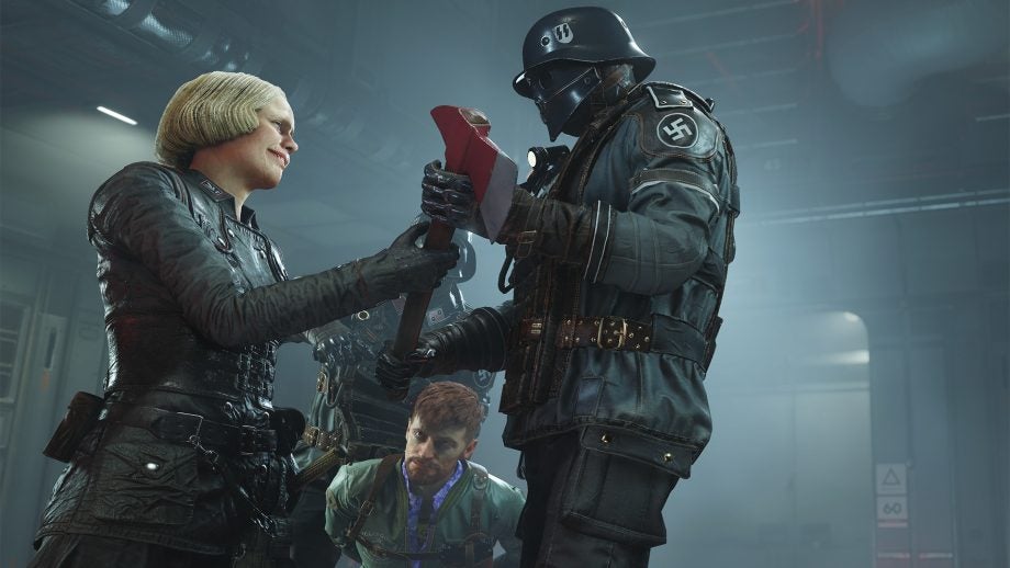 Three characters in a tense scene from Wolfenstein II.