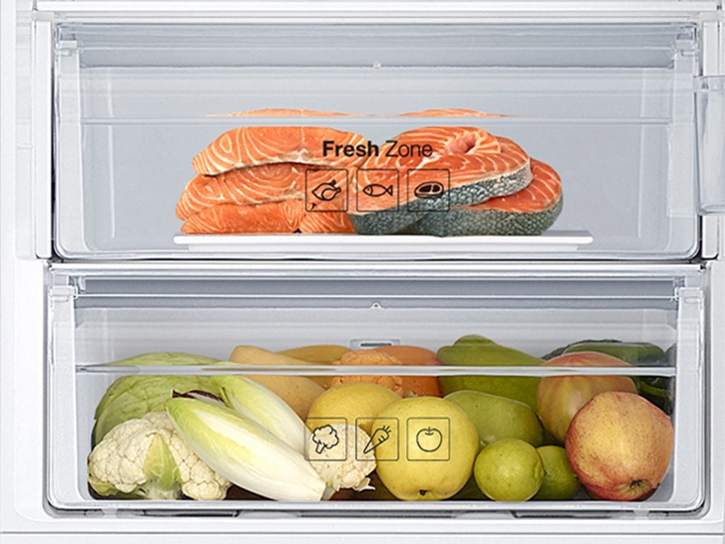 Samsung fridge freezer interior with fresh zone compartment.