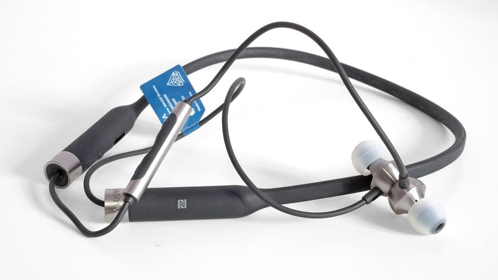 RHA MA650 wireless earphones with neckband and ear tips.