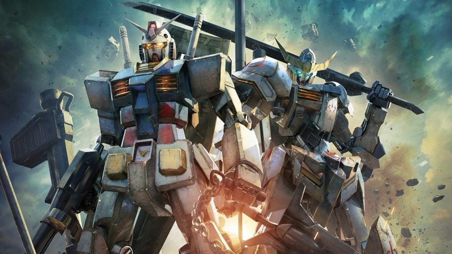 Two Gundam robots ready for battle in dynamic artwork.