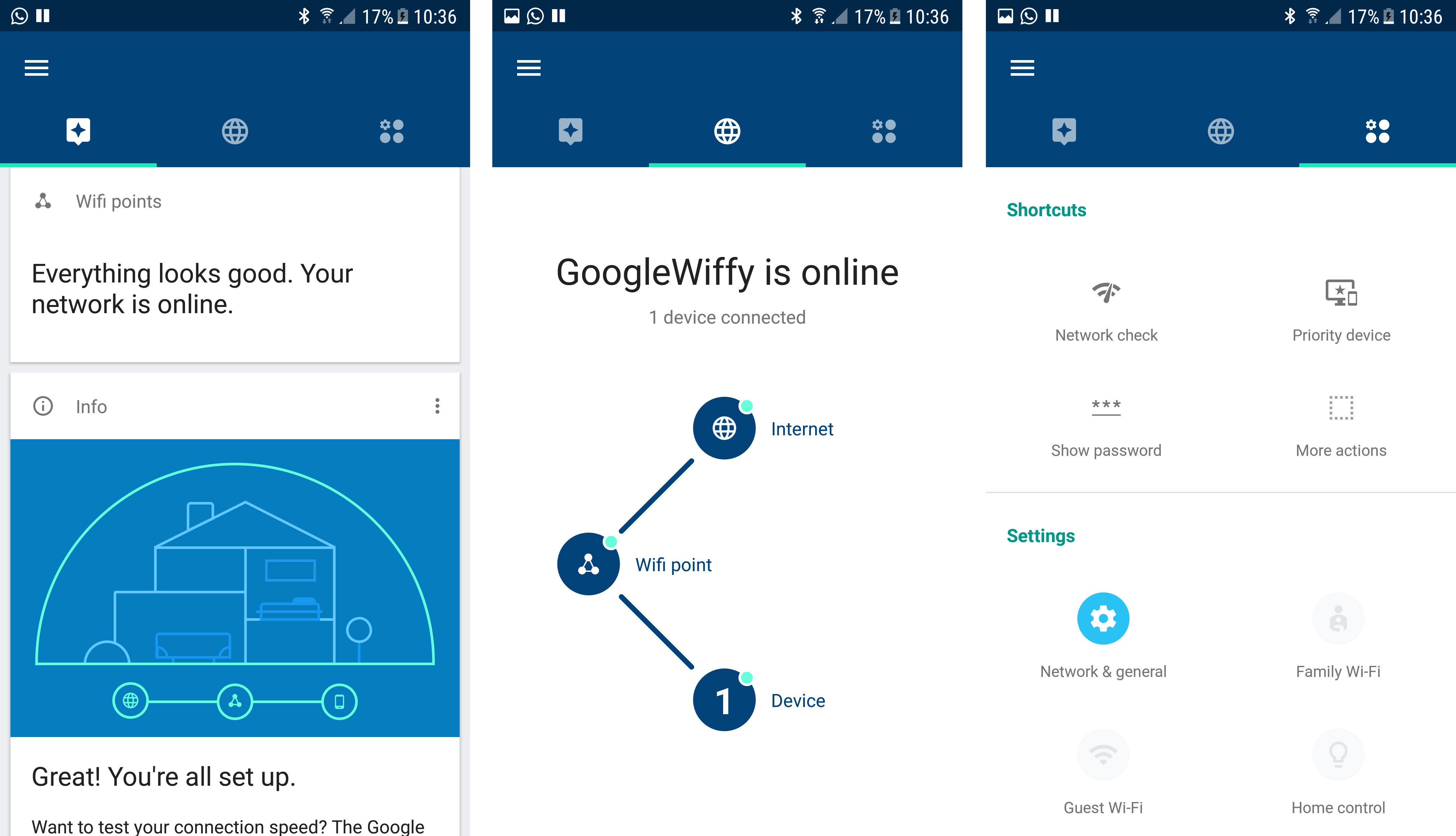 Screenshots of Google Wifi app showing network status.