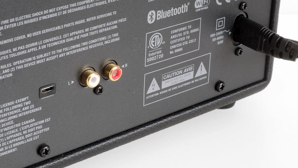 Close-up of Marshall Stanmore speaker's connectivity ports and labels.