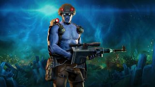 Rogue Trooper character with gun on alien battlefield.
