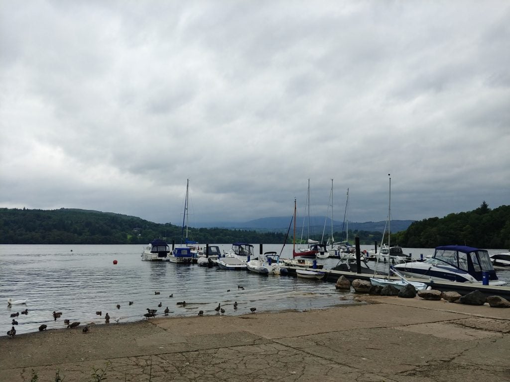 Overcast sky over lake with boats and ducks.
