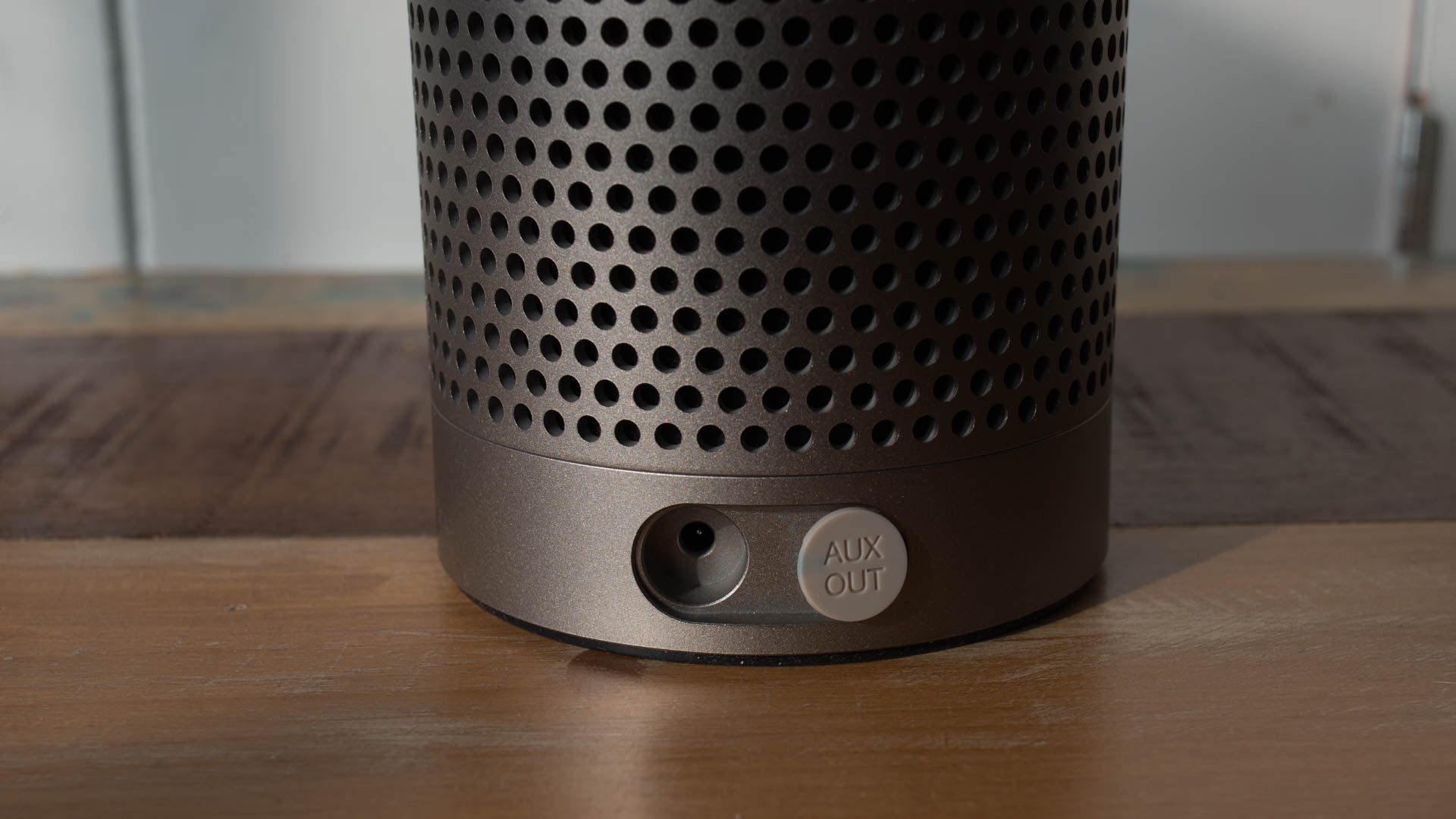Close-up of Amazon Echo Plus with AUX output.