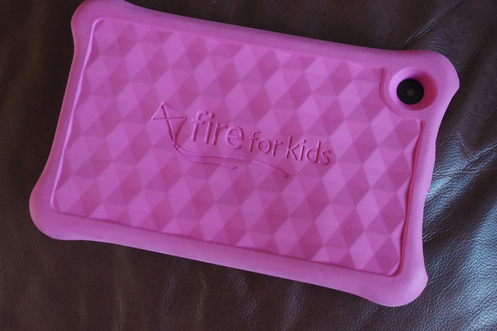 Amazon Fire 7 Kids Edition tablet in pink kid-proof case.