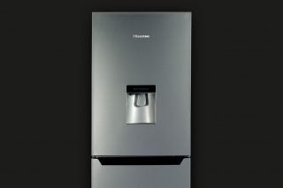 Hisense RB335N4WG1 fridge with water dispenser on door.
