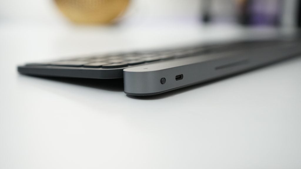 Close-up of Logitech Craft keyboard showing USB-C port.