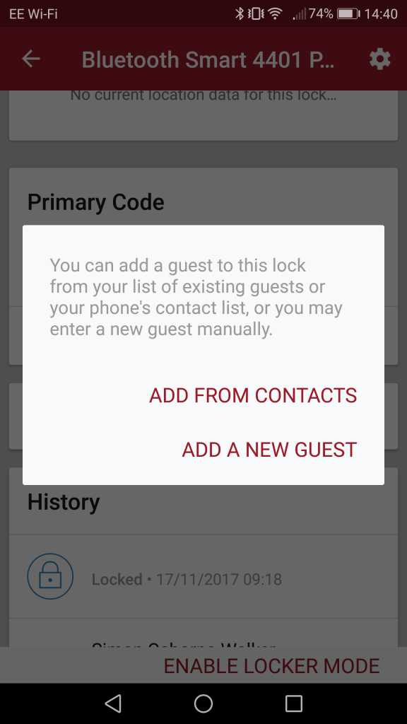 Screenshot of Master Lock app guest access options.